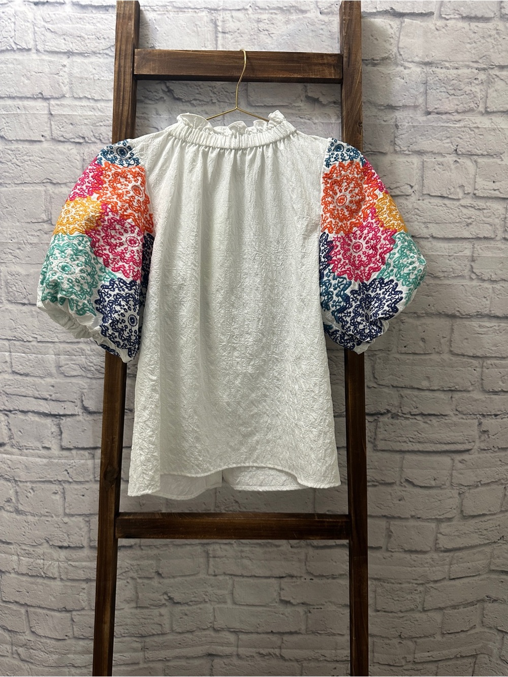 THML White Top with Multicolor Embroidered Puff Sleeves